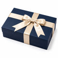 Geschenkbox 30 x 20 x 8 cm aus Karton in Dunkelblau mit champagnerfarbener Schleife