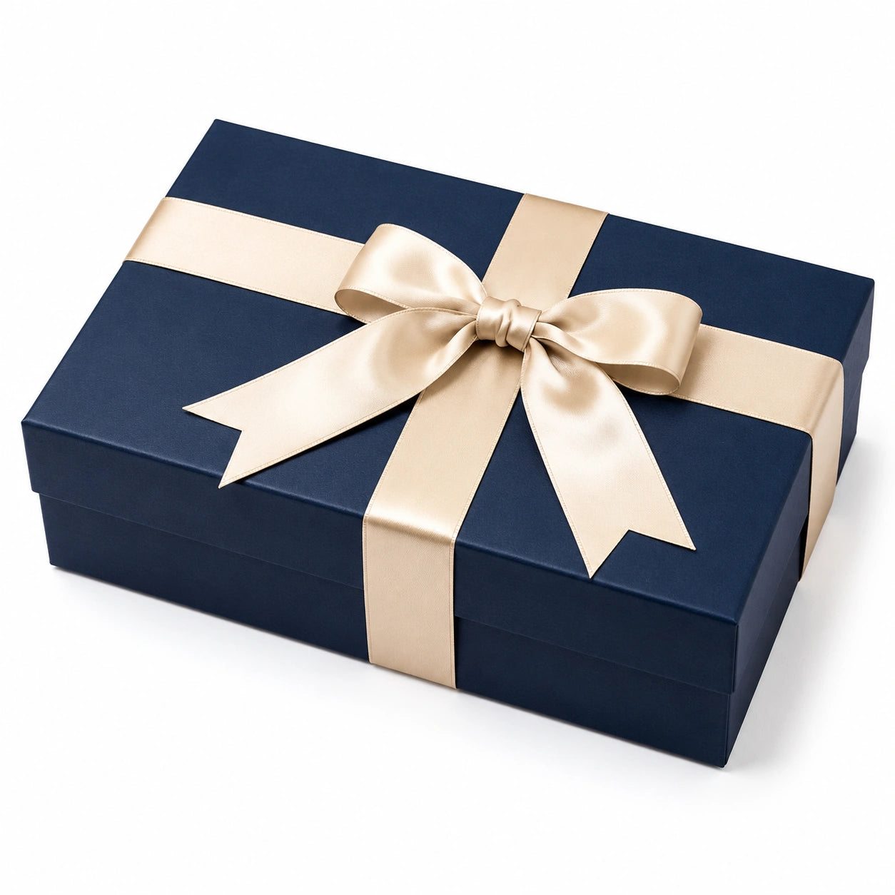 Geschenkbox 30 x 20 x 8 cm aus Karton in Dunkelblau mit champagnerfarbener Schleife