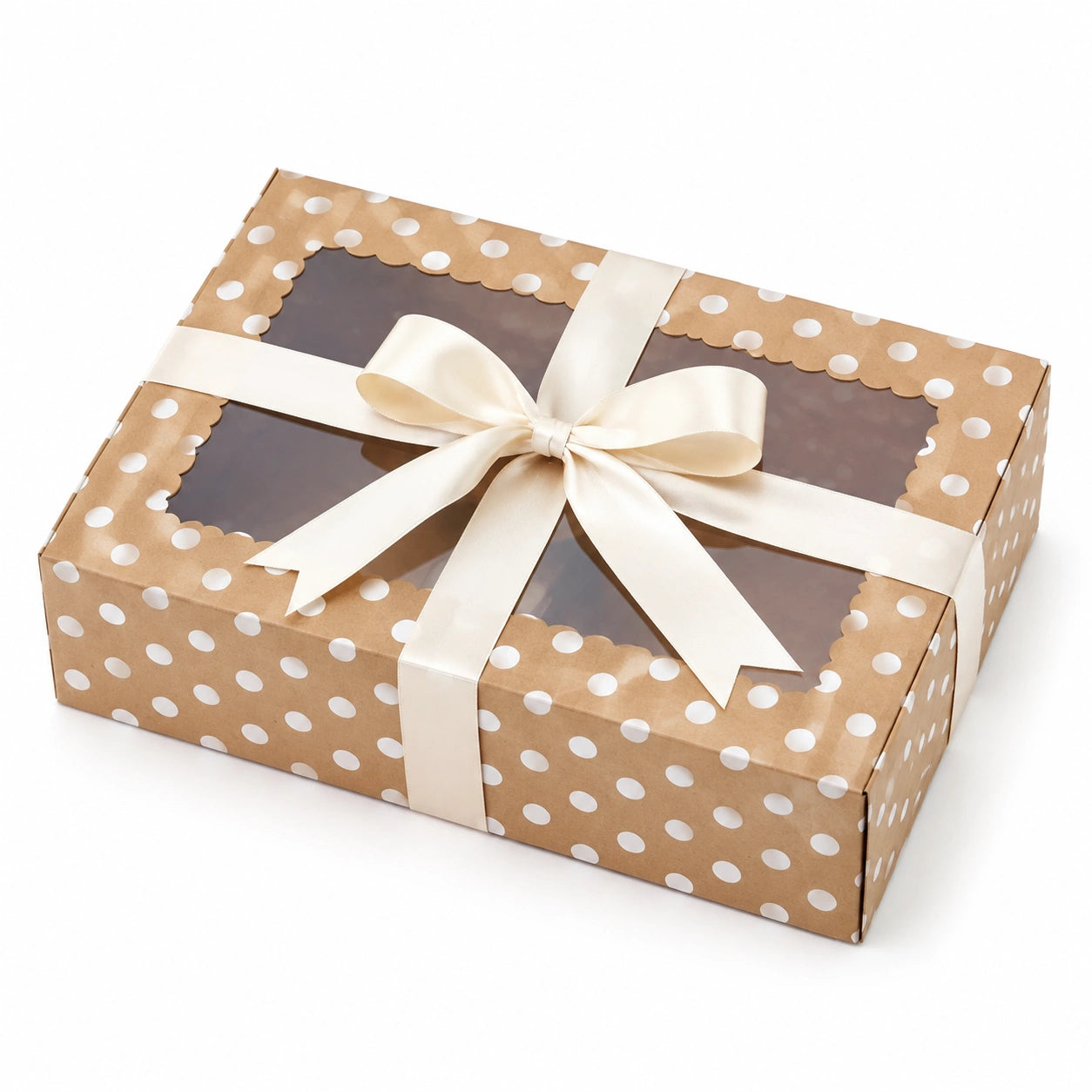 Geschenkbox 30 x 20 x 8 cm aus Karton braun weiß mit Sichtfenster und Schleife