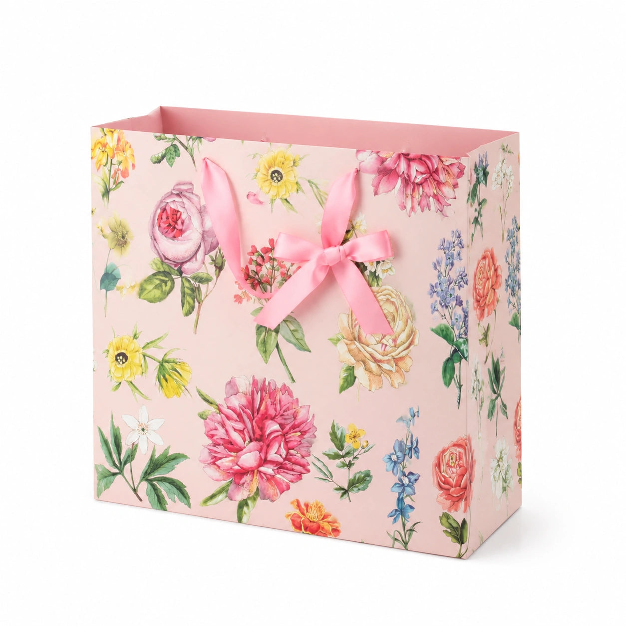 Geschenktüte 32 x 12 x 26 cm aus Papier Rosa mit Blumenmuster und Schleifenhenkeln