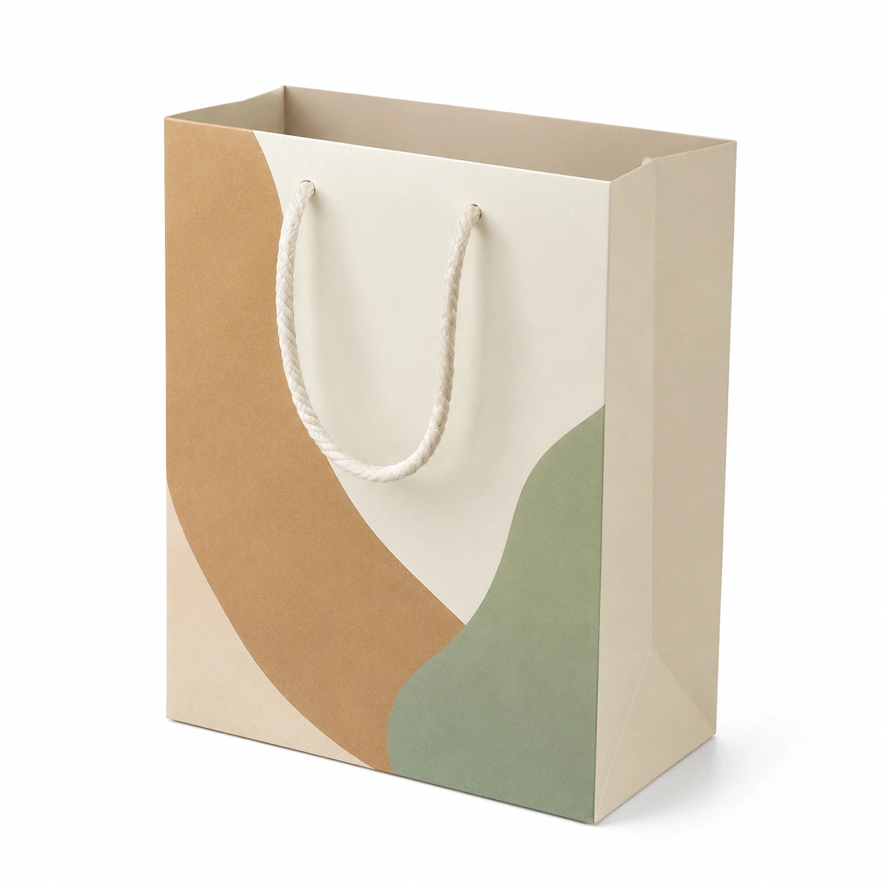 Geschenktüte 26 x 12 x 32 cm Papier Cremebraun Salbeigrün mit Kordelgriffen grafisch