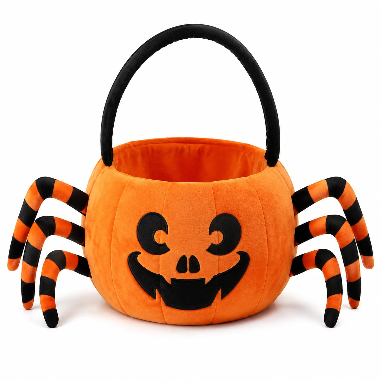 Süßigkeiteneimer 28 cm aus Polyester in Orange Schwarz mit Spinnenbeinen und Tragegriff