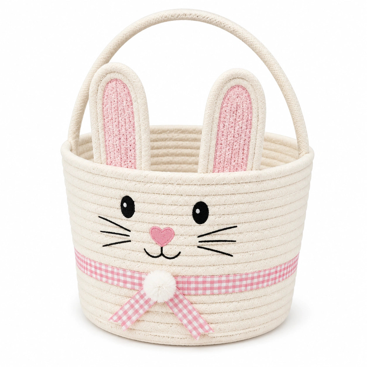 Aufbewahrungskorb 30 cm Textilgeflecht Creme Rosa mit Hasenmotiv und Henkel