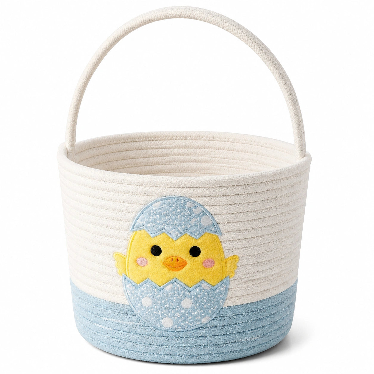 Aufbewahrungskorb 30 cm Baumwollkordel Weiß/Hellblau mit Henkel Kükenmotiv für Kinderzimmer