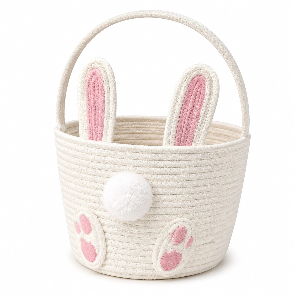 Aufbewahrungskorb 30 cm aus Baumwollseil in Creme Rosa mit Hasenmotiv und Henkel