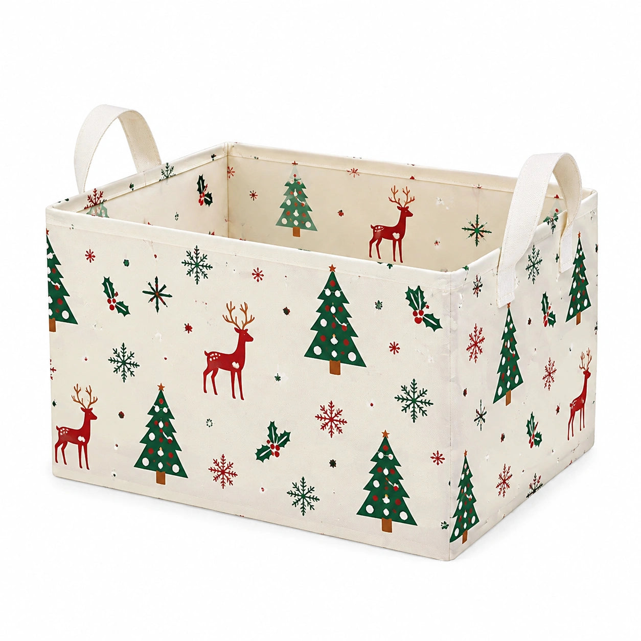 Aufbewahrungskorb 40 x 30 x 25 cm Baumwollstoff Creme mit Weihnachtsmotiv faltbar