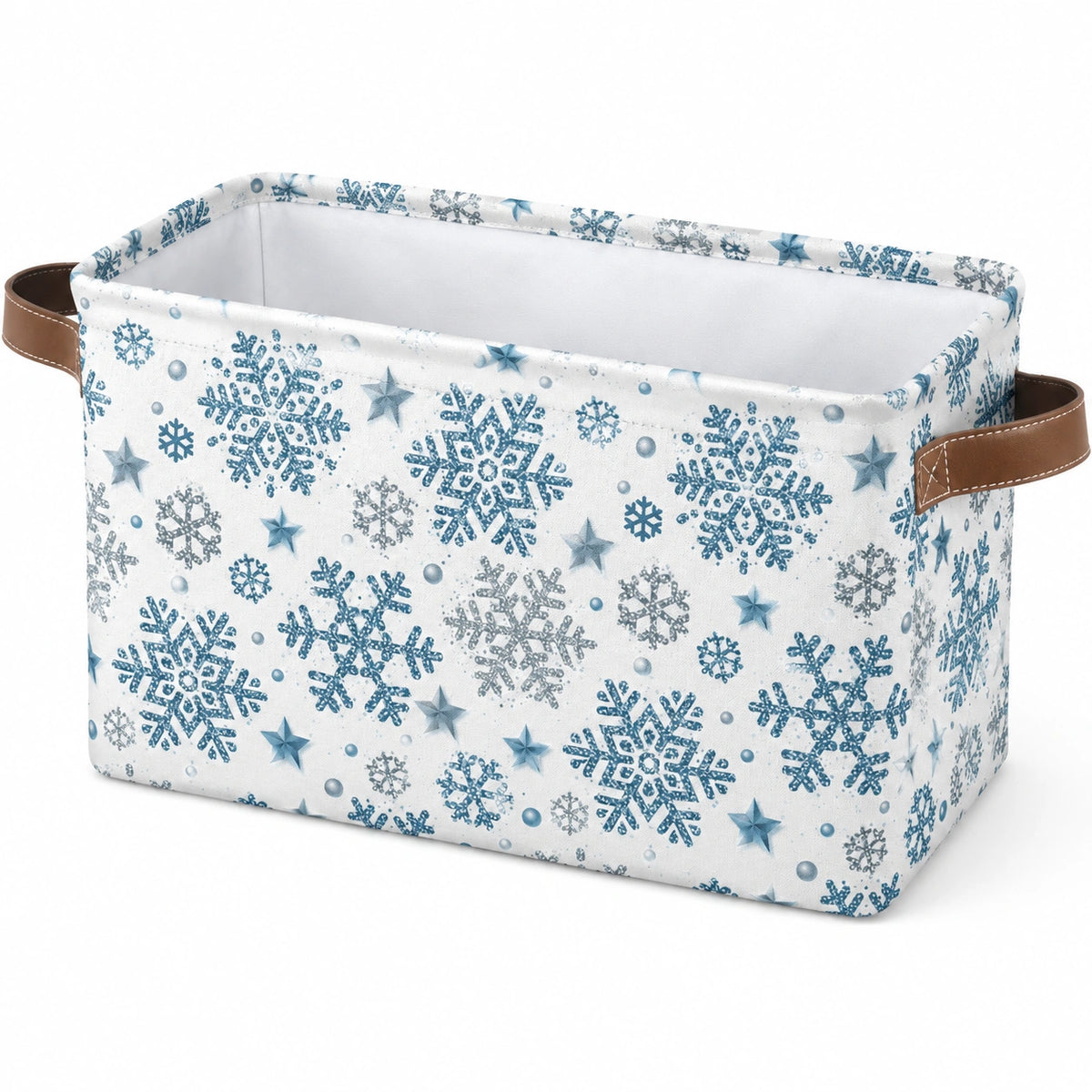 Aufbewahrungskorb 38 x 28 x 25 cm aus Textil Weiß Blau mit Schneeflockenmuster und Griffen