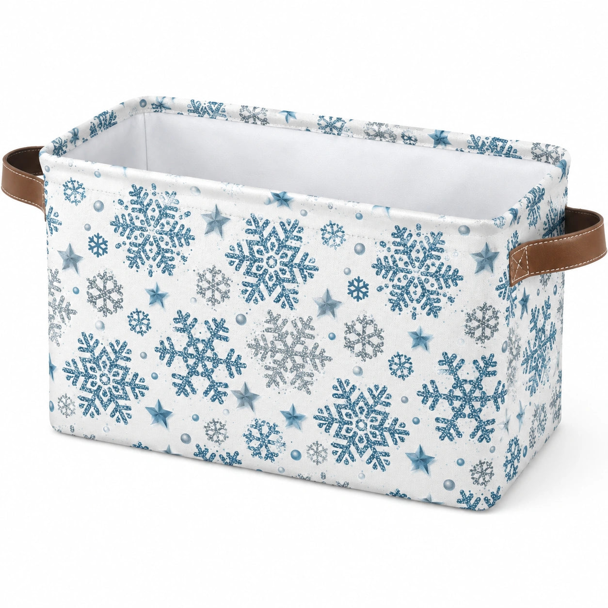 Aufbewahrungskorb 38 x 28 x 25 cm aus Textil Weiß Blau mit Schneeflockenmuster und Griffen