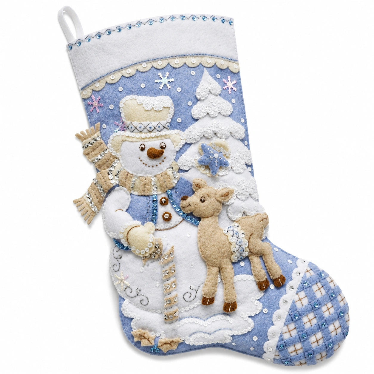 Weihnachtsstrumpf 45 cm aus Filz Blau Weiß mit Schneemann und Rentier zum Aufhängen
