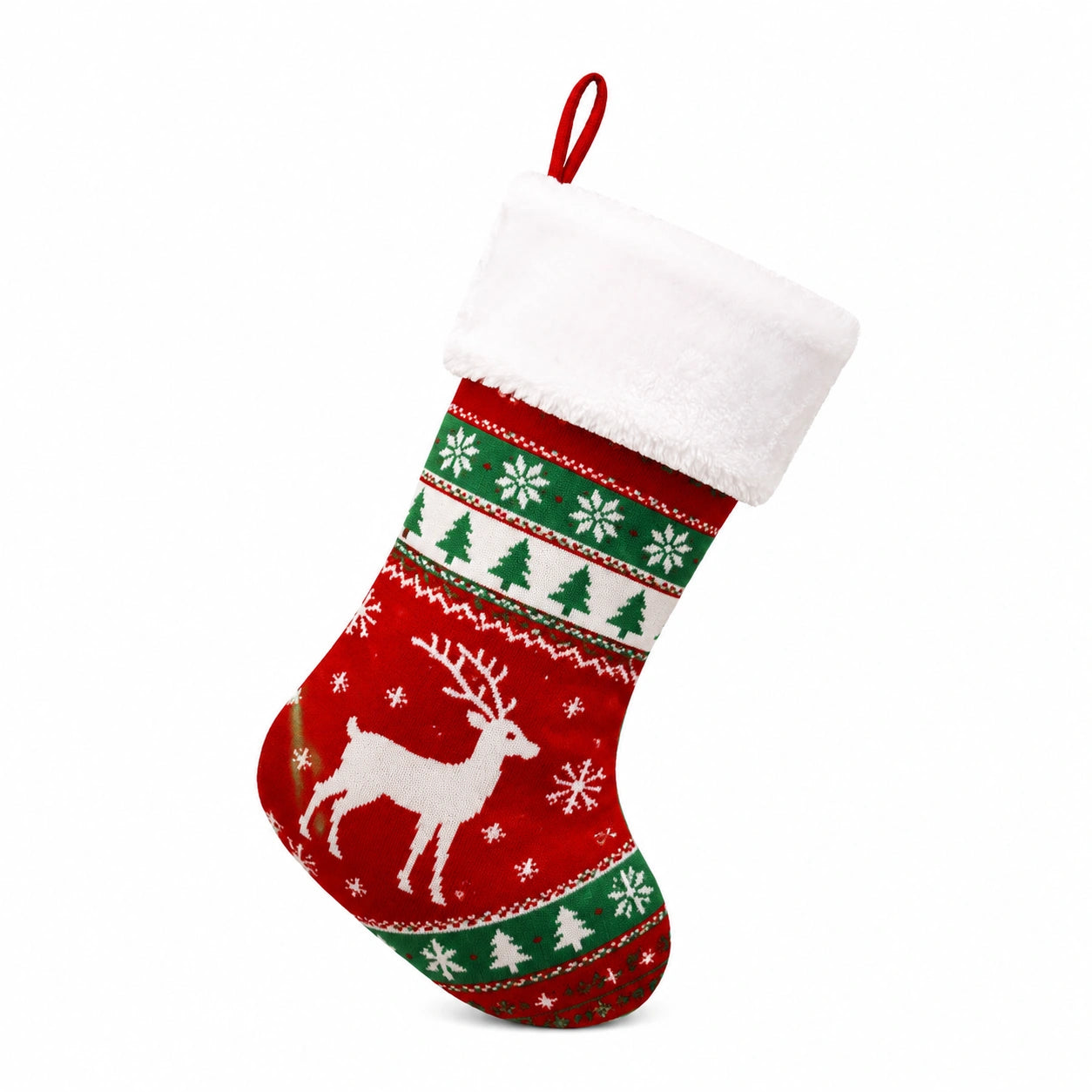 Weihnachtsstrumpf 45 cm aus Textil Rot Grün Weiß zum Aufhängen mit Rentiermotiv