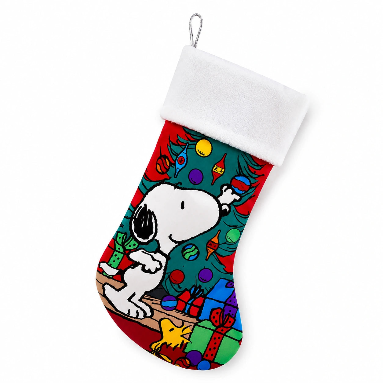 Weihnachtsstrumpf 45 cm aus Textil Rot Grün mit Hundemotiv zum Aufhängen