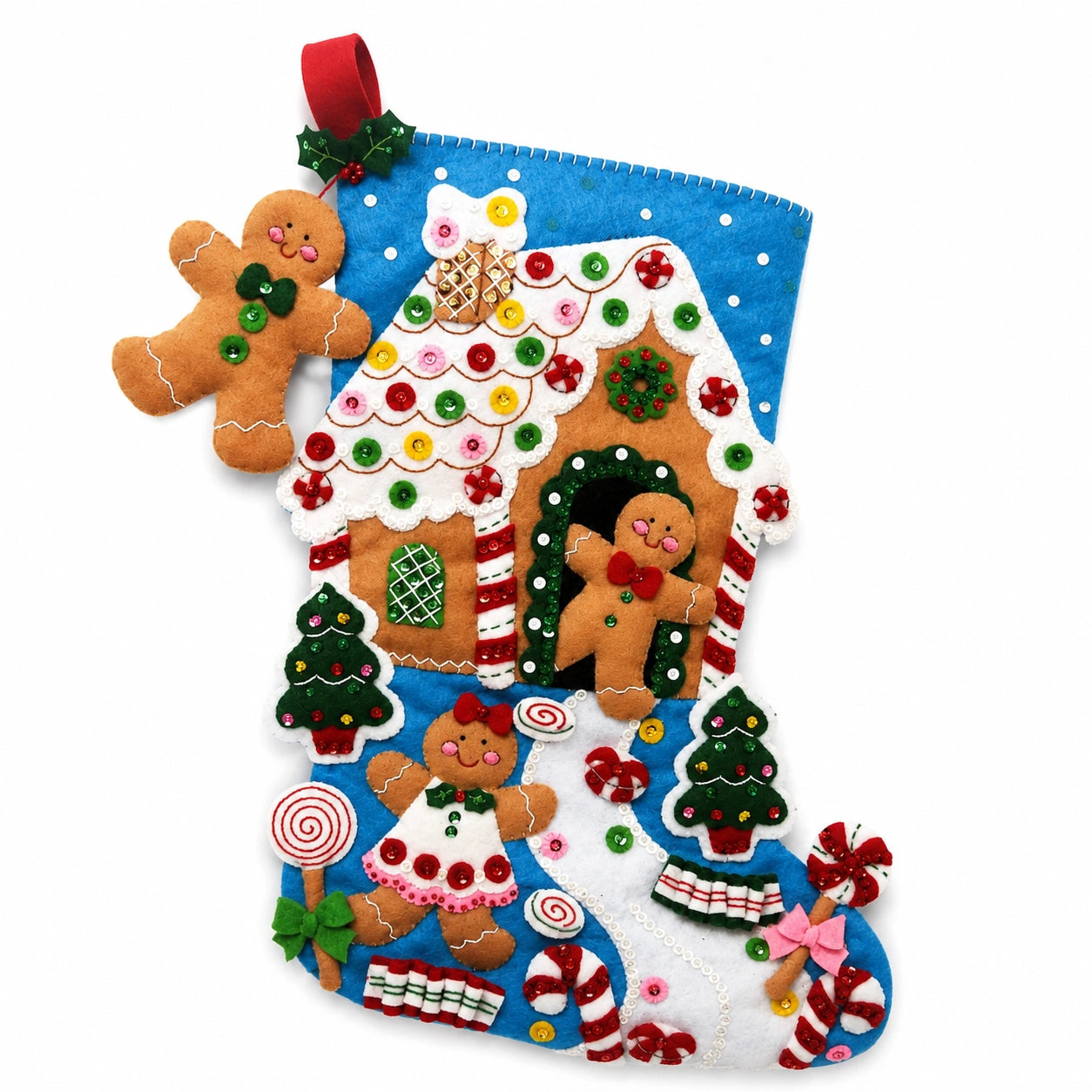 Weihnachtsstrumpf 45 cm aus Filz Blau Rot Grün mit Lebkuchenhaus Motiv