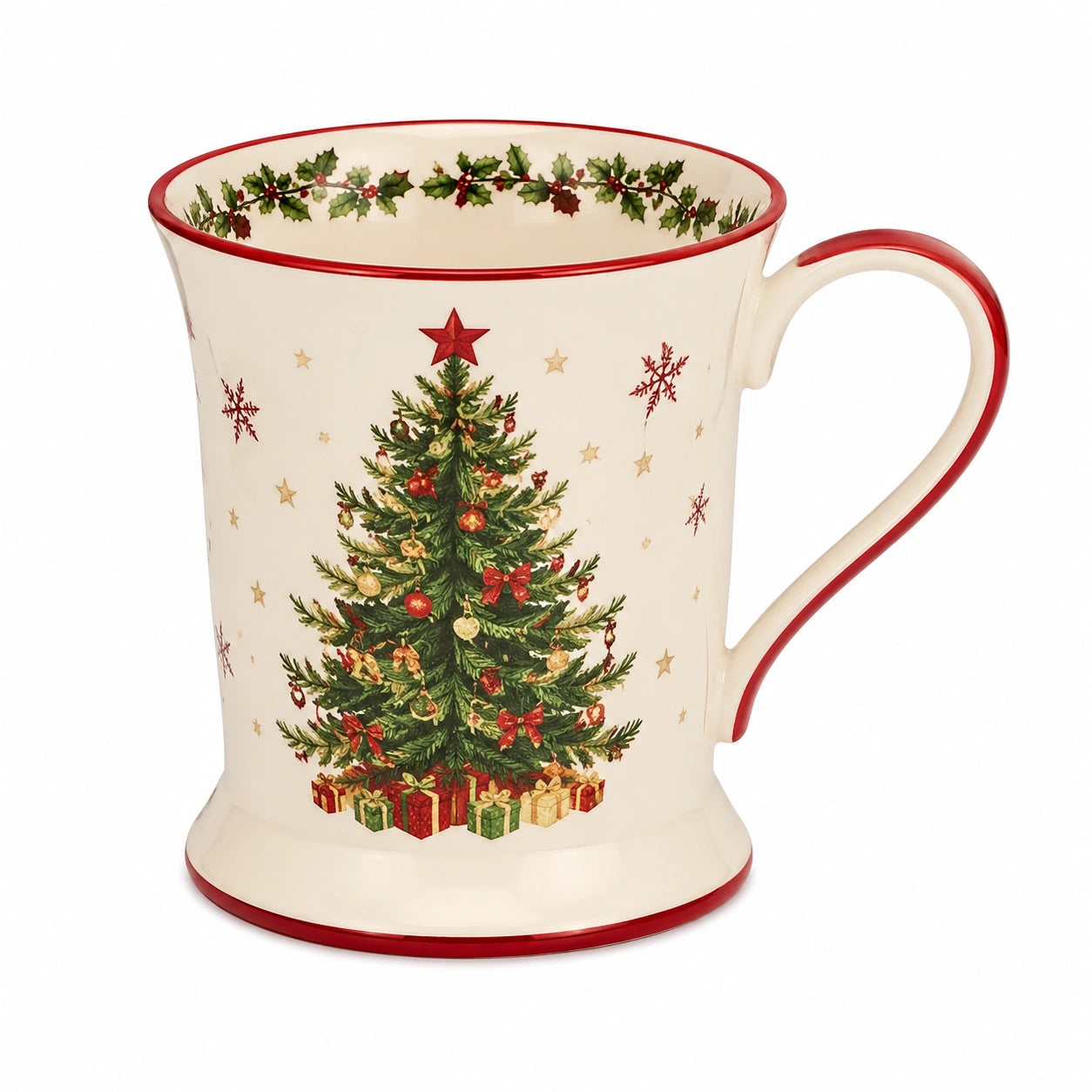 Keramiktasse 0.40 L Creme Rot mit Weihnachtsbaum-Motiv für Heißgetränke