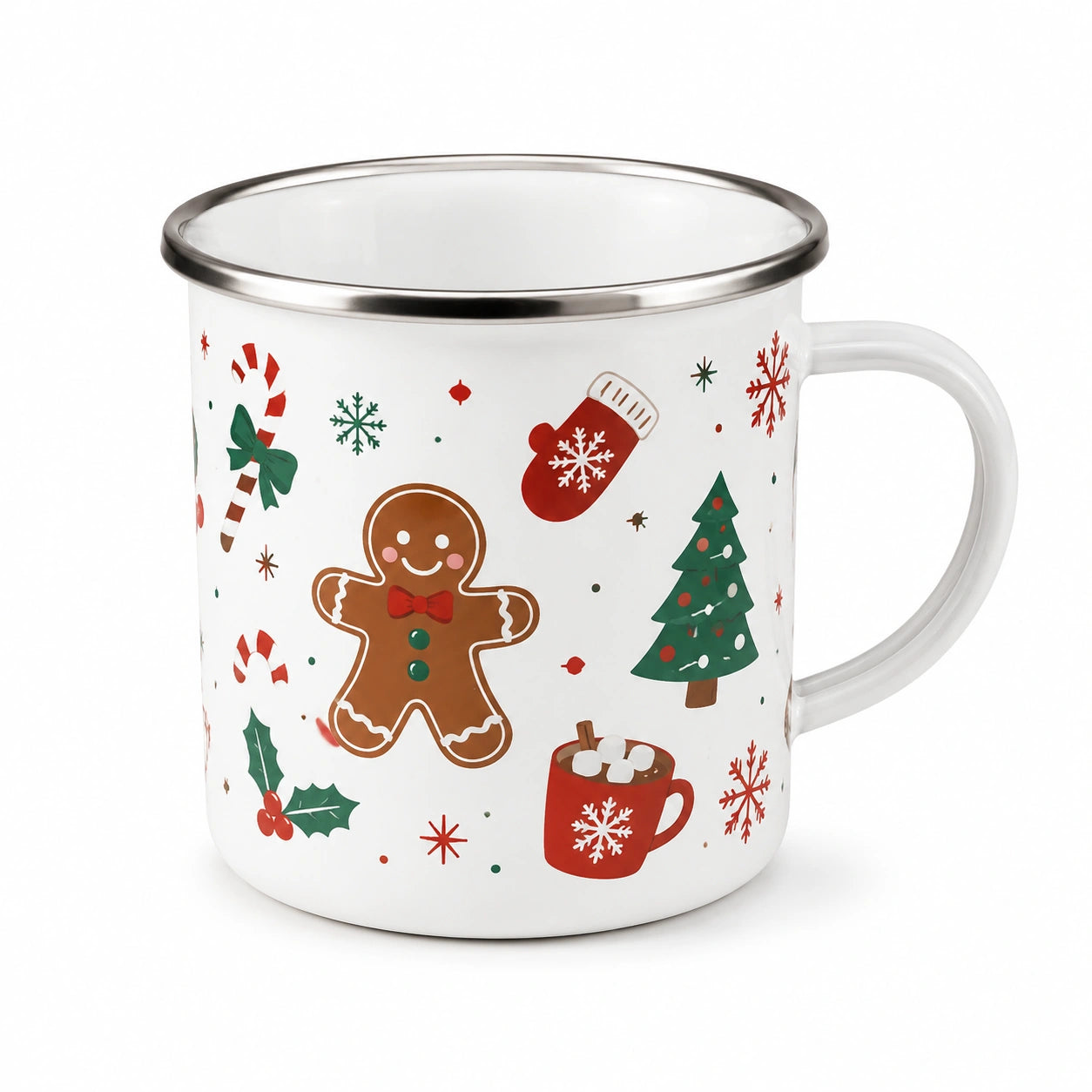 Emaillebecher 350 ml Weiß mit Weihnachtsmotiv und Metallrand