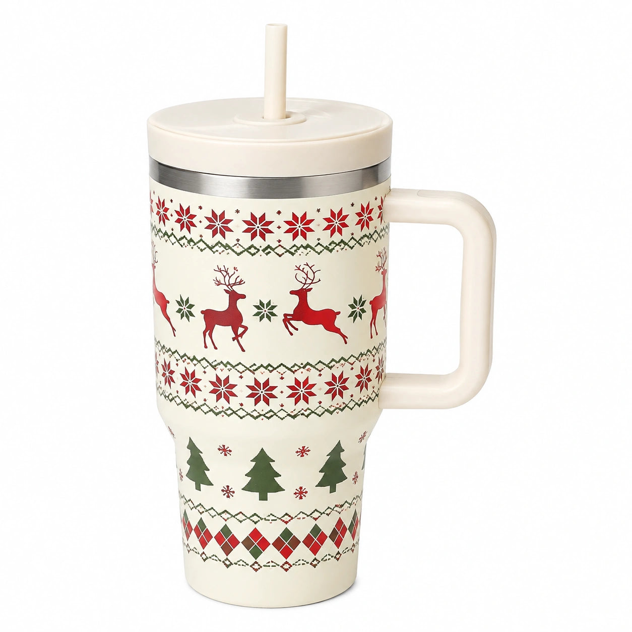 Trinkbecher 0.50 L Keramik Creme mit Deckel und Trinkhalm im Weihnachtsstil