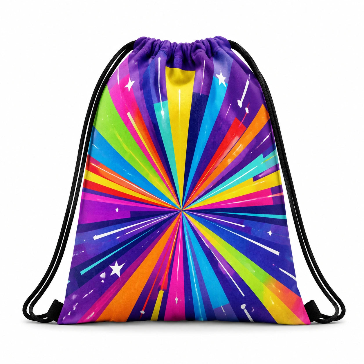 Turnbeutel 35 x 42 cm aus Polyester in Violett mit buntem Strahlenmuster und Kordelzug