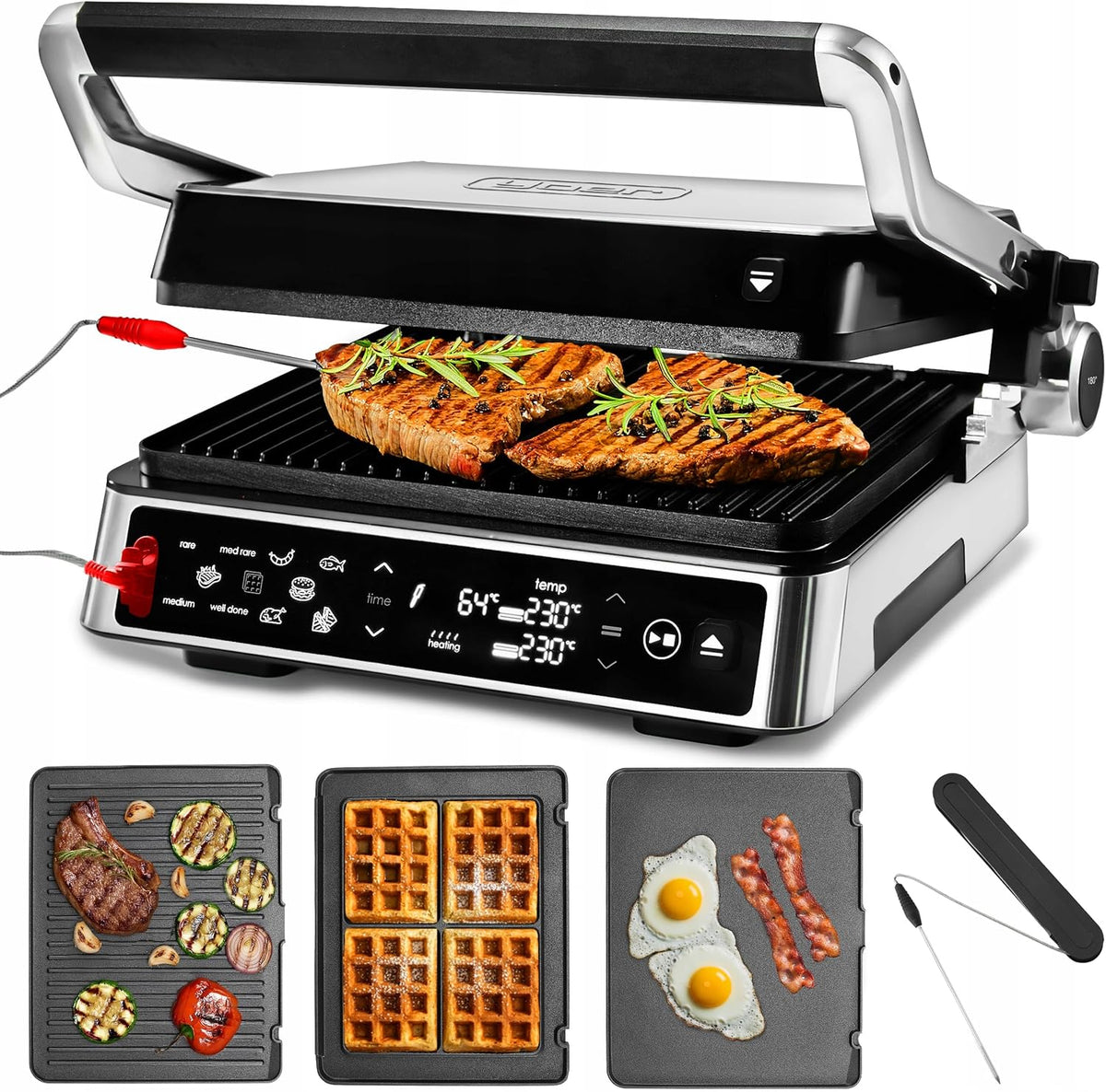 YOER Elektrische Tischgrills, 2200 W, Schwarz, Kontaktgrill, Multifunktionsgerät 3-in-1, Sandwichmaker, Waffeleisen