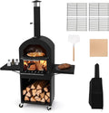 GYMAX Pizzaofen, 116 x 44 x 170 cm (L x B x H), Braun, 2 in 1 outdoor, tragbarer Holzofen mit 31 cm Pizzaste