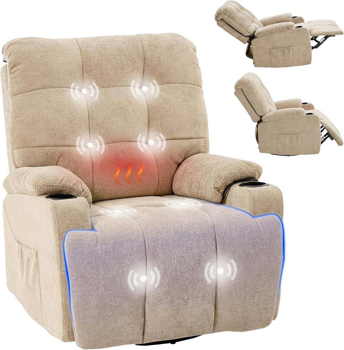 FLEXISPOT Relaxsessel, 200 kg, Beige, Massagesessel, Fernsehsessel, 360°drehbar, mit Heizfunktion, 8-Punkt-Massage