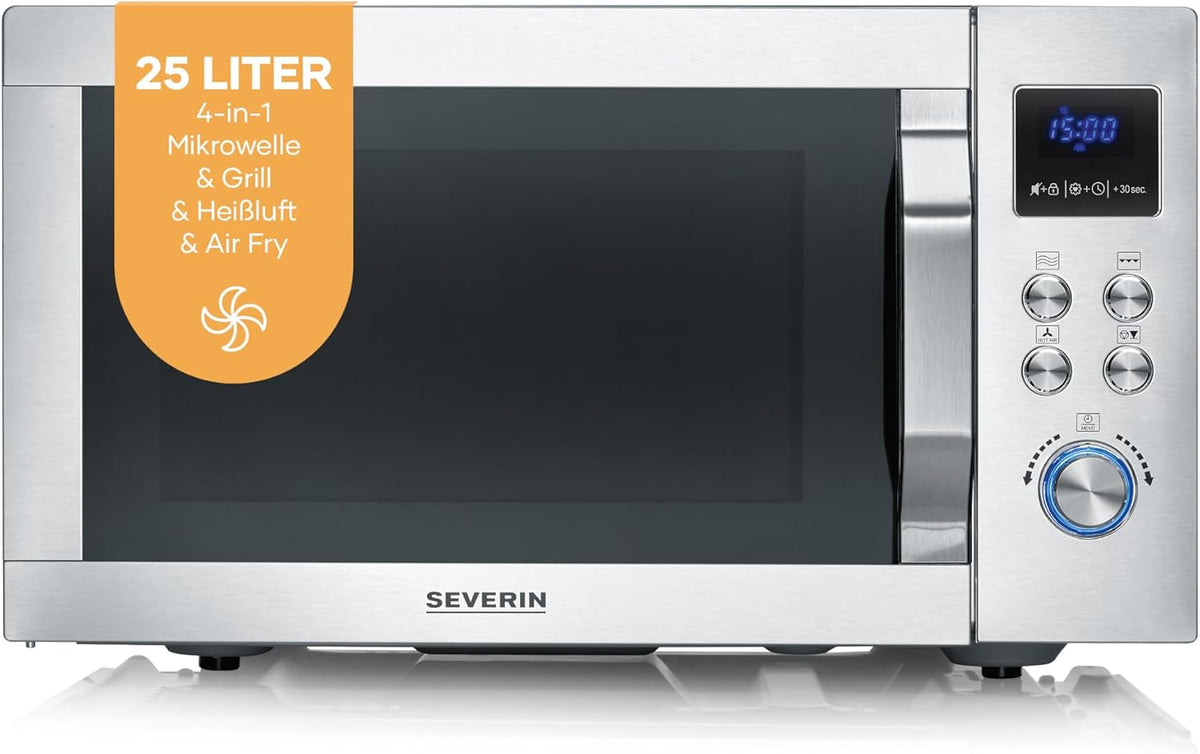 SEVERIN Mikrowelle, 2150 W, 25 L, Silber, 4-in-1, Heißluftfritteuse, Backofen, Grill, max. Leistung, Heißluft-Funktion bis 230°C