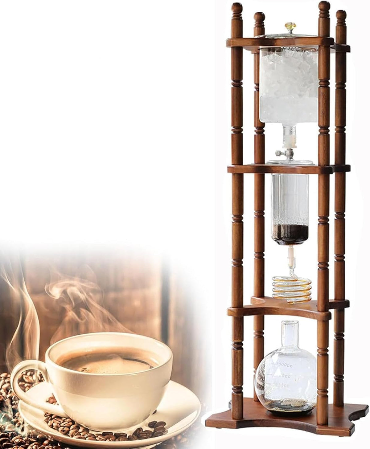 aliooila Kaffeemaschine, 3000 ml, Schwarz/Silber, Cold Brew Glas-Tropf, Eiskaffee, Cold Brew Drip Tower-, Hölzerne Eis für Zuhause