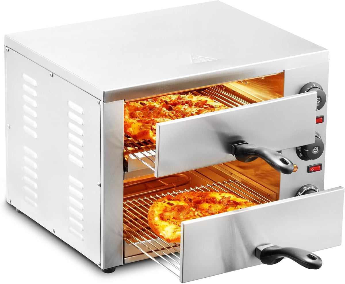 VEVOR Pizzaofen, 305 mm, Silber/Schwarz, Kommerzieller Backofen, 2-lagig, elektrischer aus Edelstahl mit drei Drehknöpfen