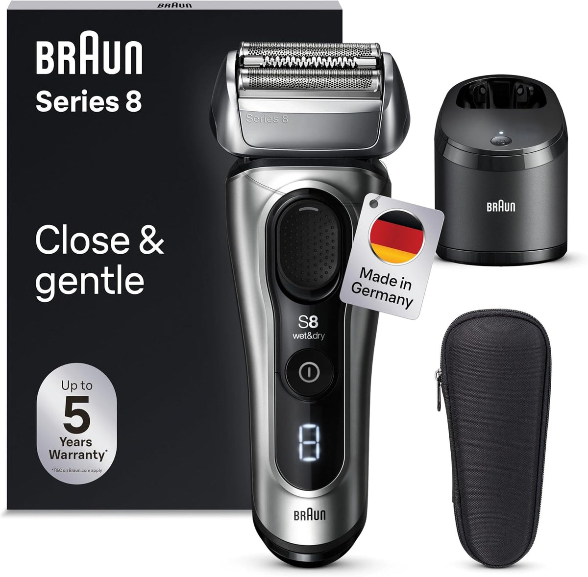 Braun Elektrorasierer, Braun/Silber, Series 8 Rasierer Herren mit 4+1 Scherkopf, Präzisions-Langhaarschneider, Reinigungsstation