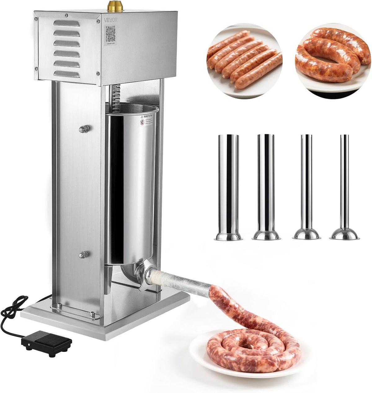VEVOR Fleischwölfe, 15 L, Silber, elektrischer Wurstfüller Wurstfüllmaschine Fleischfüller, Hochleistungsfüller aus Edelstahl mit 4 Wurstfüllrohren