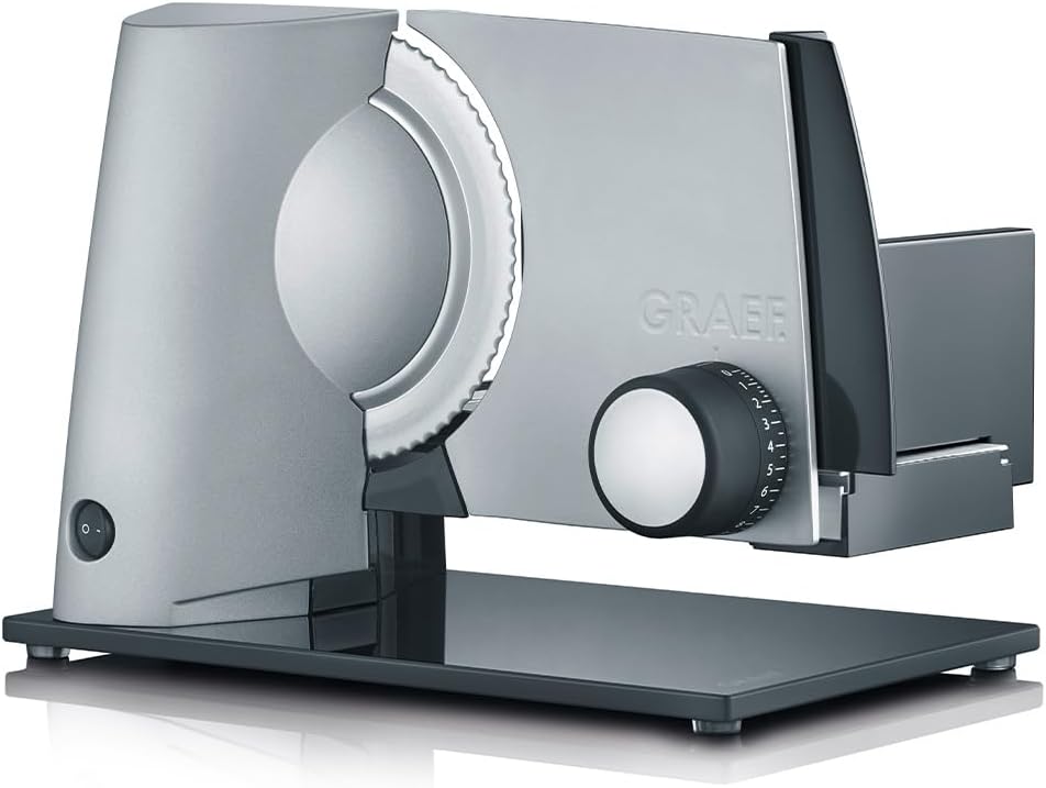 GRAEF. Schlitten, 170 mm, Silber, Allesschneider SKS320 Vollmetallgehäuse mit, platzsparende Bauweise, Glasbodenplatte
