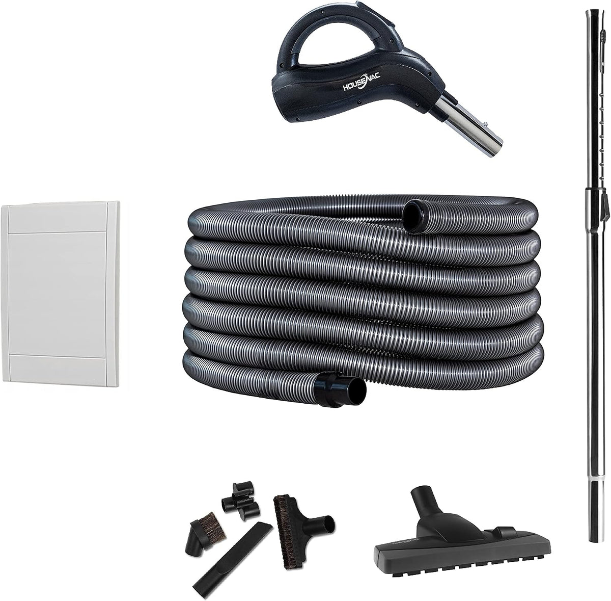 HouseVac Staubsauger, 15m, Weiß, Houseflex Komplett-Set passend für Retraflex, Hide-A-Hose Plus inkl. 1x Schlauch