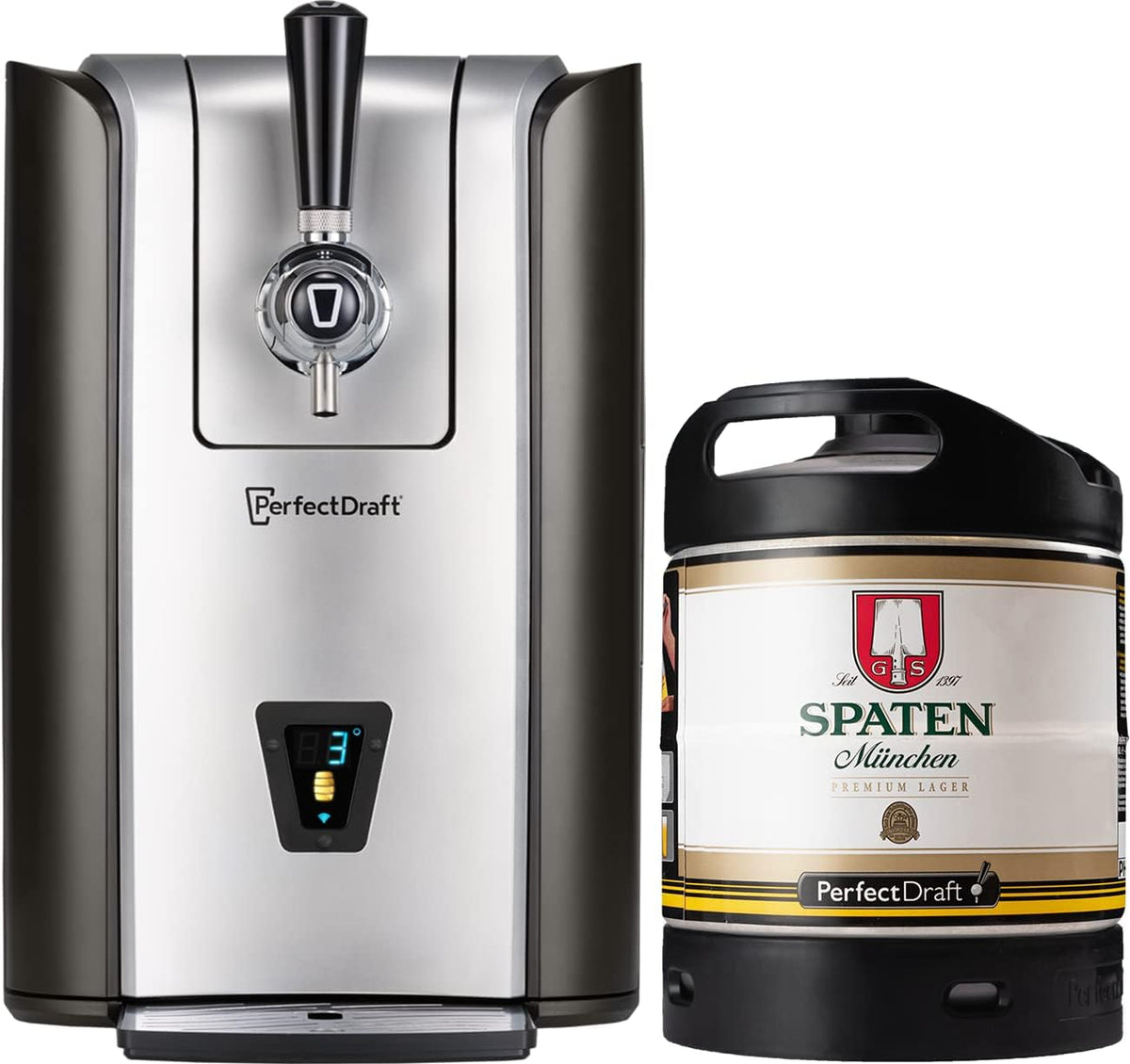 PerfectDraft Mini-Zapfanlagen, 6 L, Schwarz, Pack Pro Zapfanlage mit Fass Bier (Spaten) - Geschenkidee