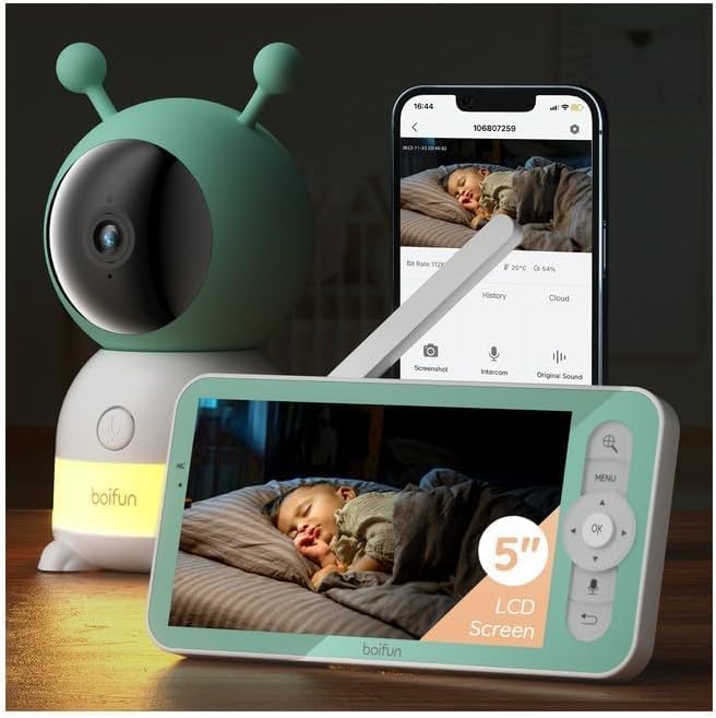 BOIFUN Monitor, 5 Zoll, Schwarz, Baby Video, Display 3MP & 360° Kamera mit Nachtlicht, Mobile App & LCD-, automatische Verfolgung