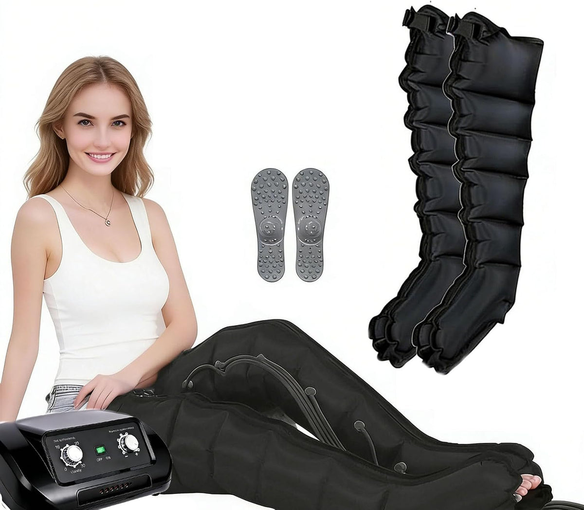 Luftkompressions Kompressor, Schwarz, Beinmassagegerät für Lymphdrainage und Schmerzlinderung