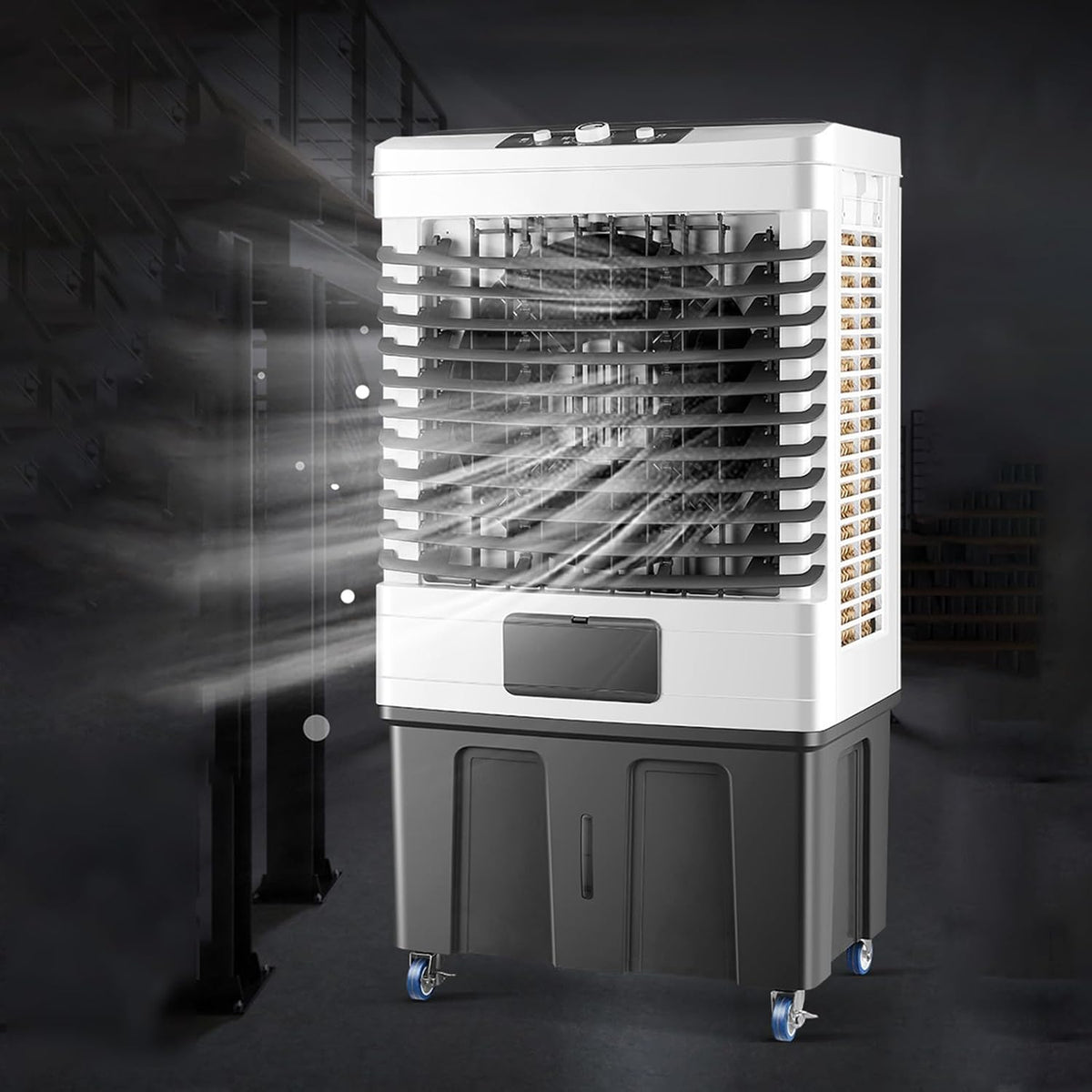 RiouPsithuric Dunstabzugshaube, 100 W, 50 m, Weiß, Tragbarer Verdunstungsluftkühler mit 3, 120°-Oszillation, kühlt Räume von 30