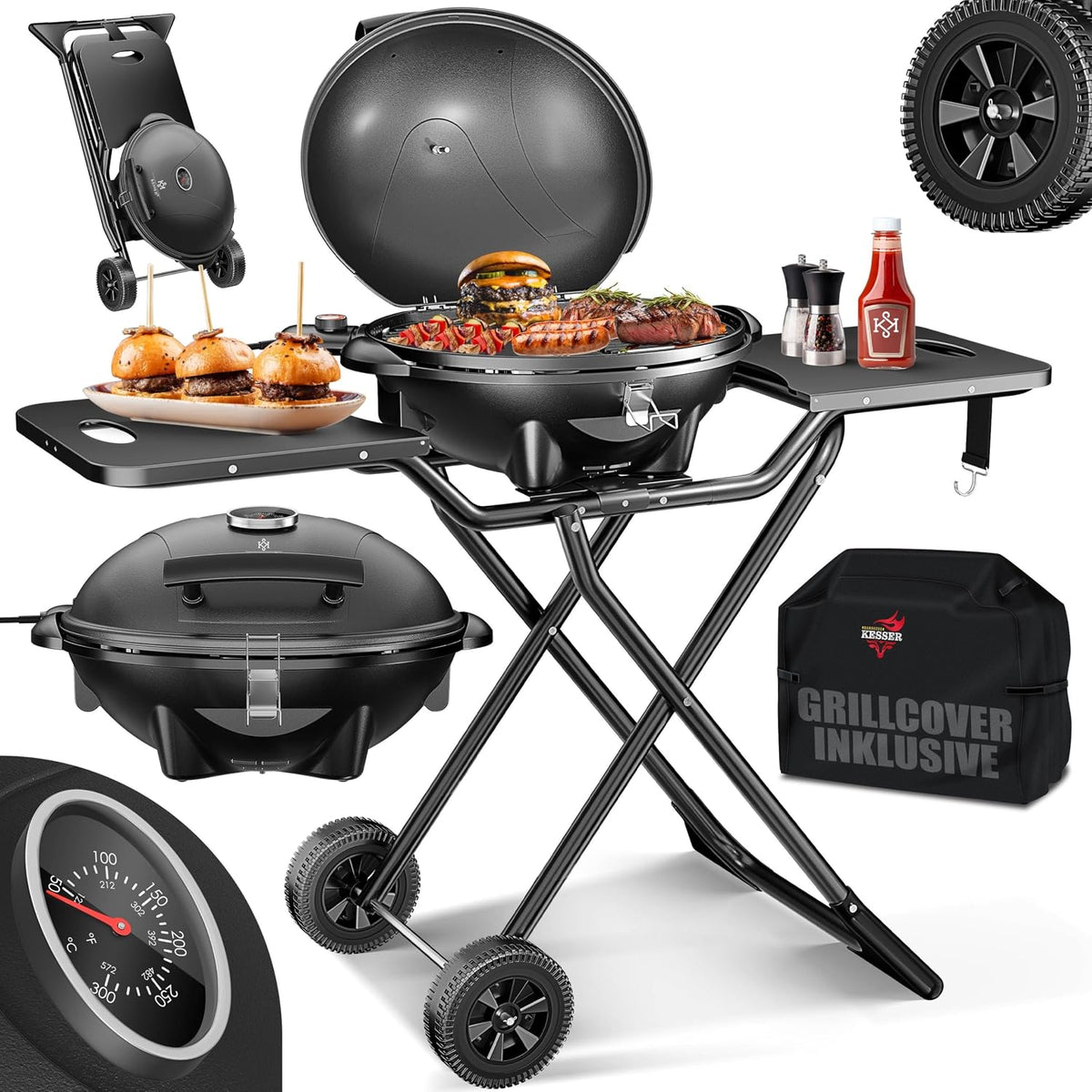 KESSER Elektrogrill, Grau, ® elektrischer 2in1 Tischgrill & Standgrill mit Deckel &, 2400 Watt, Thermostat, Antihaftbeschichtung