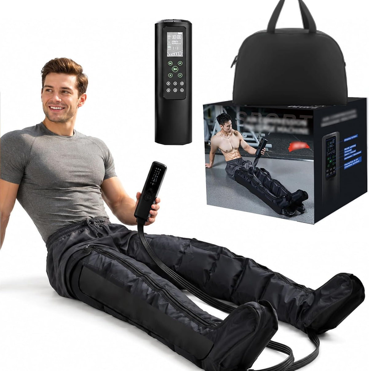 SUYUDD Fußmassagegeräte, Schwarz, Beinmassagegerät für die Lymphdrainage Gerät, 12 Modi 60-270 mmHg, Tragbares Massagegerät Beine mit Timer 10-60 M