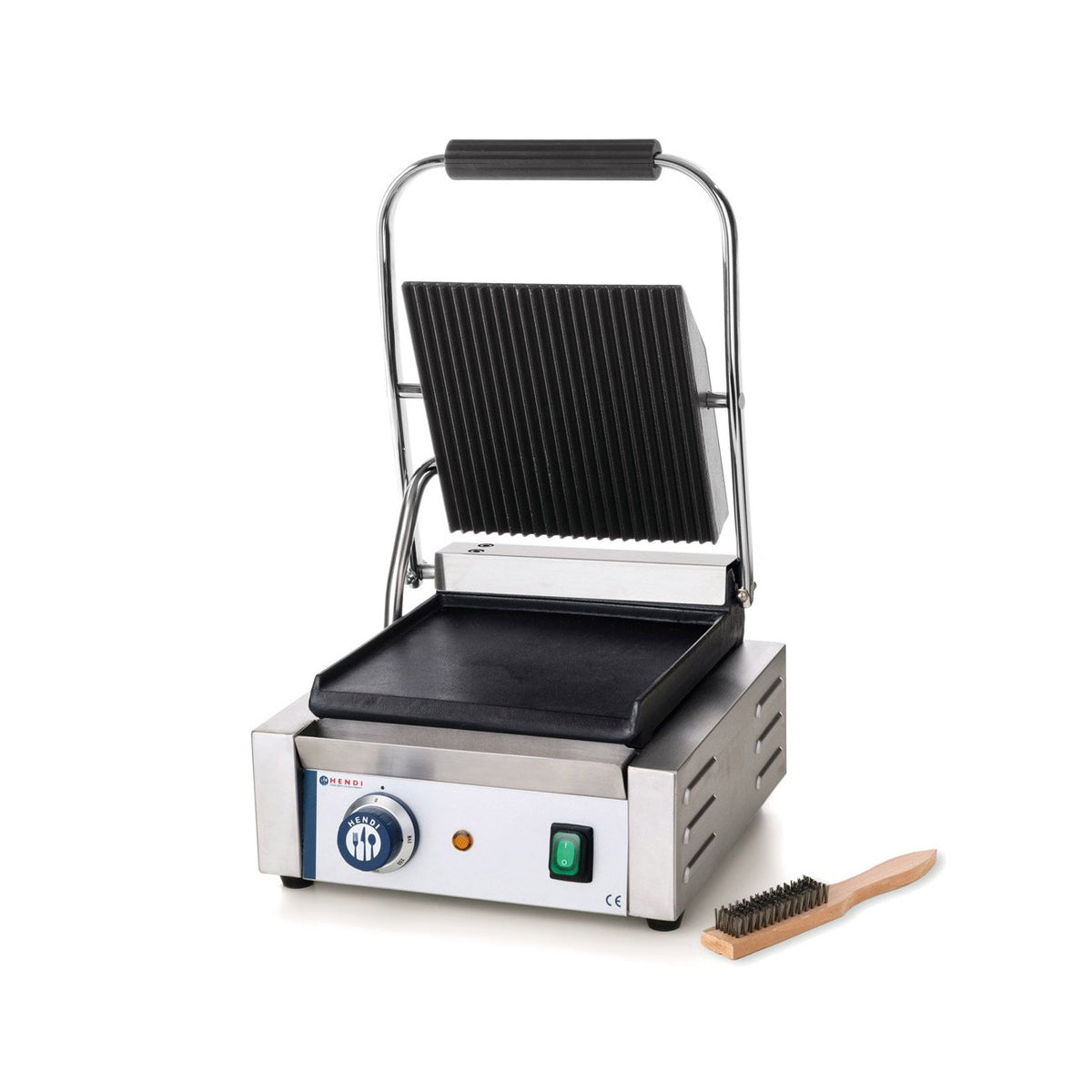 HENDI Elektrogrill, 1800 W, 216 mm, 230 V, Silber, Kontaktgrill, einzeln, oben gerillt und unten glatt, inkl. Grillreinigungsbürste