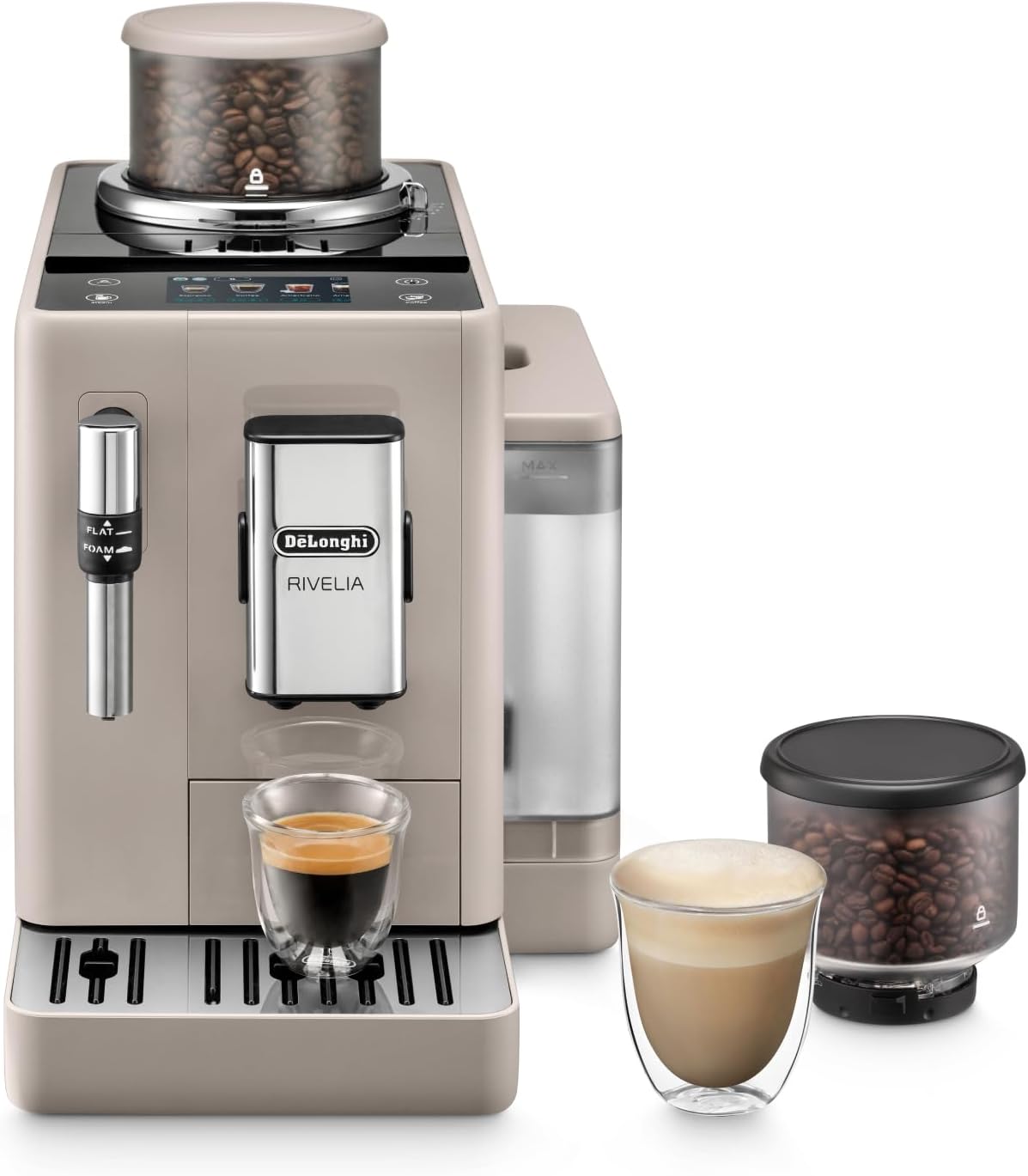 De'Longhi Kaffeevollautomat, Beige, Rivelia EXAM440.35.BG mit Milchaufschäumdüse, Wechselbarer Bohnenbehälter, 8 Kaffeegetränke auf Knopfdruck