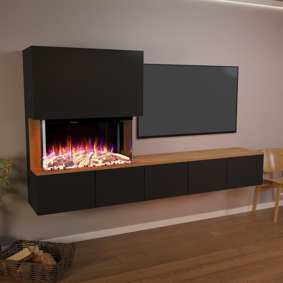 GLOW FIRE Elektrokamin, 250x139.5x42.4 cm, 1500 W, Schwarz, Kamin Fernsehwand CW5 rechtsoffen mit realistischem 3D