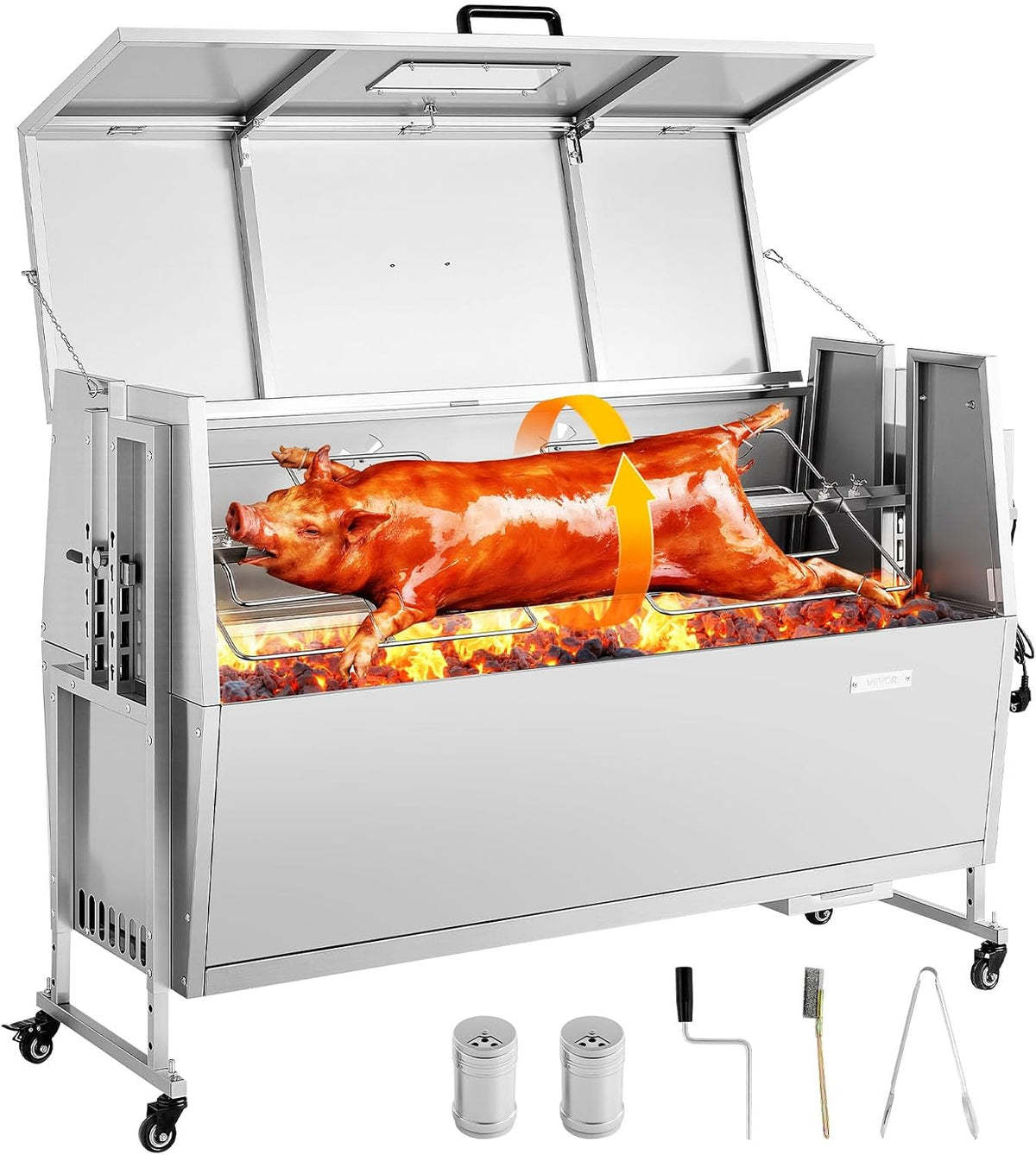 VEVOR Holzkohlegrill, 132 cm, 60 kg, 38 W, Silber, Drehspießgrill Spanferkelgrill Lammgrill ( Grilllänge) mit, Edelstahl-Elektrogrill-Set für Camping