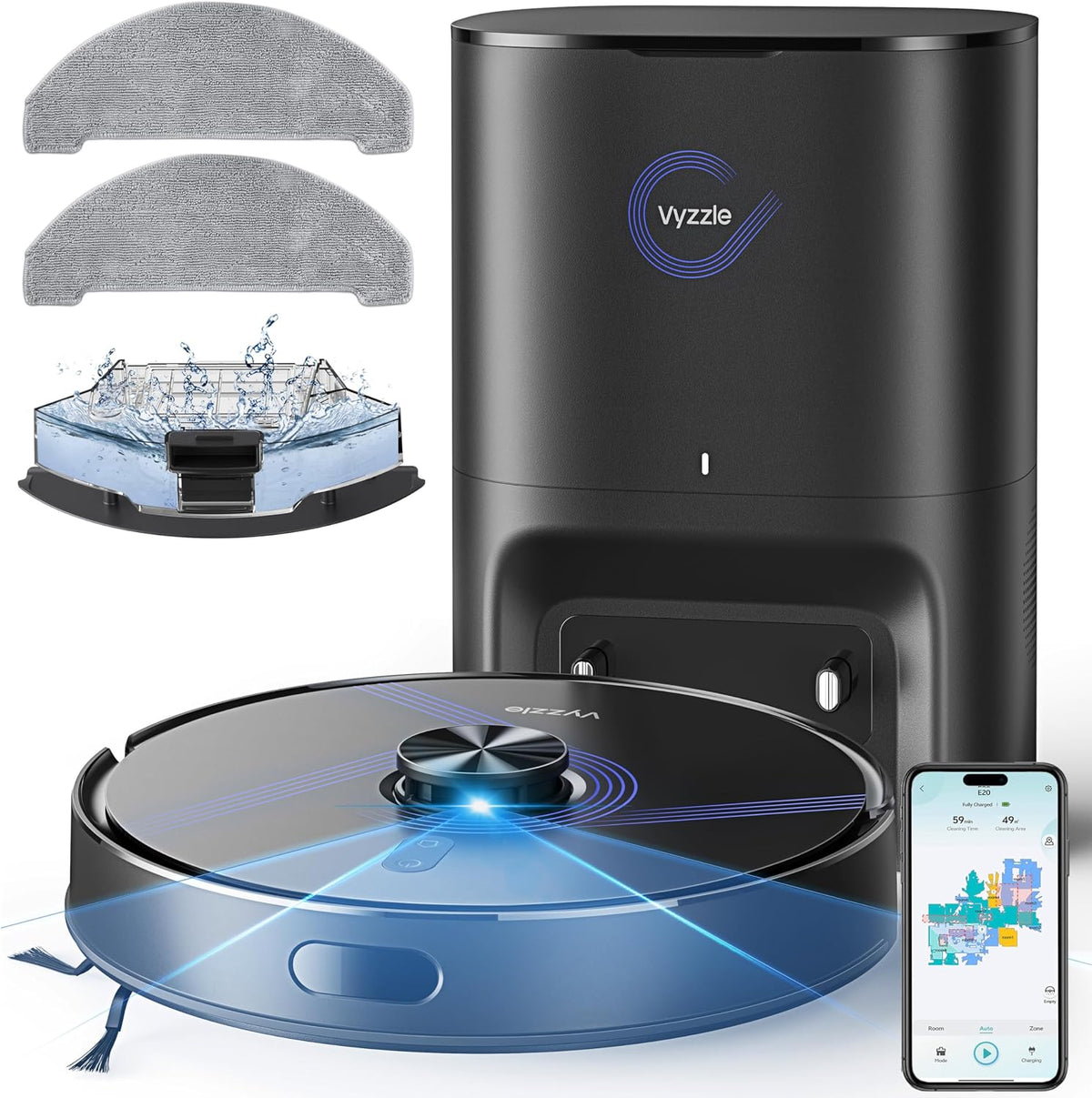 Vyzzle Saugroboter, 3,5 L, Schwarz, mit Wischfunktion 10000 Pa und Absaugstation