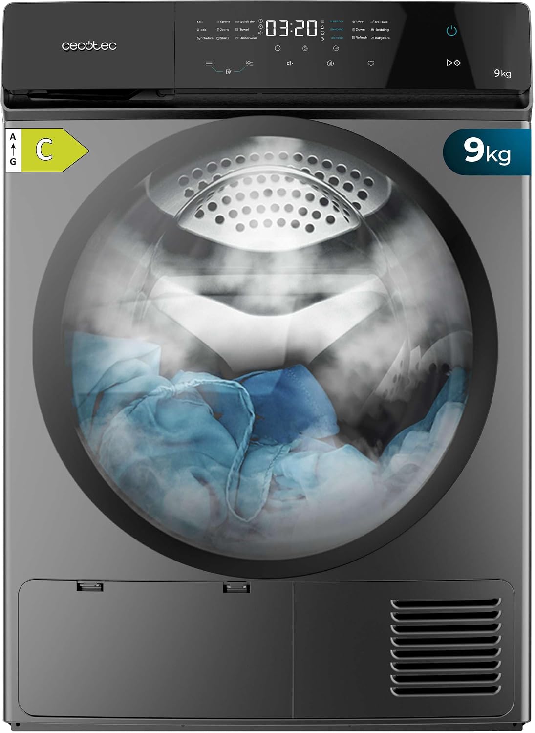 Cecotec Wäschetrockner, 9 kg, Silber, Bolero DressCode Dry 9400 Inverter Steel Trockner mit, Klasse A+++, 15 Programme