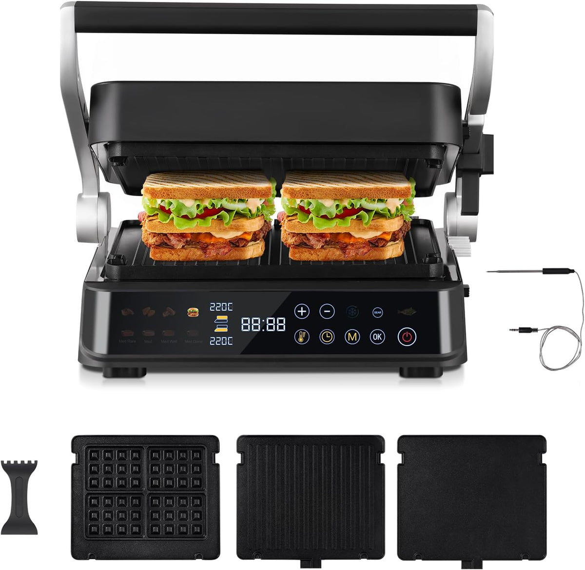 AMZCHEF Elektrische Tischgrills, Schwarz, XL Kontaktgrill 4-in-1 mit Temperaturfühler & GrillBoost