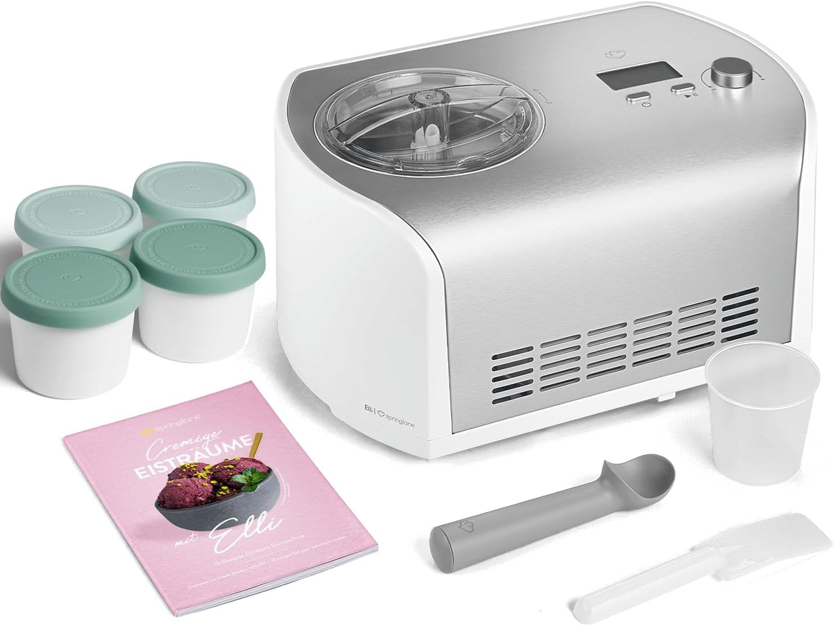 Springlane Kitchen Eismaschine, 1,2 L, 135 W, Silber, Elli mit selbstkühlendem Kompressor, Eiscrememaschine aus Edelstahl mit entnehmbarem Eisbehälter