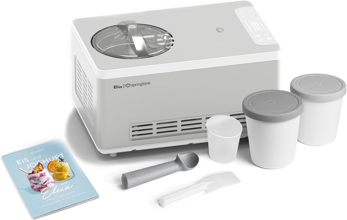 Springlane Kitchen Eismaschine, 2,0 L, 220 W, Silber/Grau, & Joghurtbereiter Elisa mit selbstkühlendem Kompressor