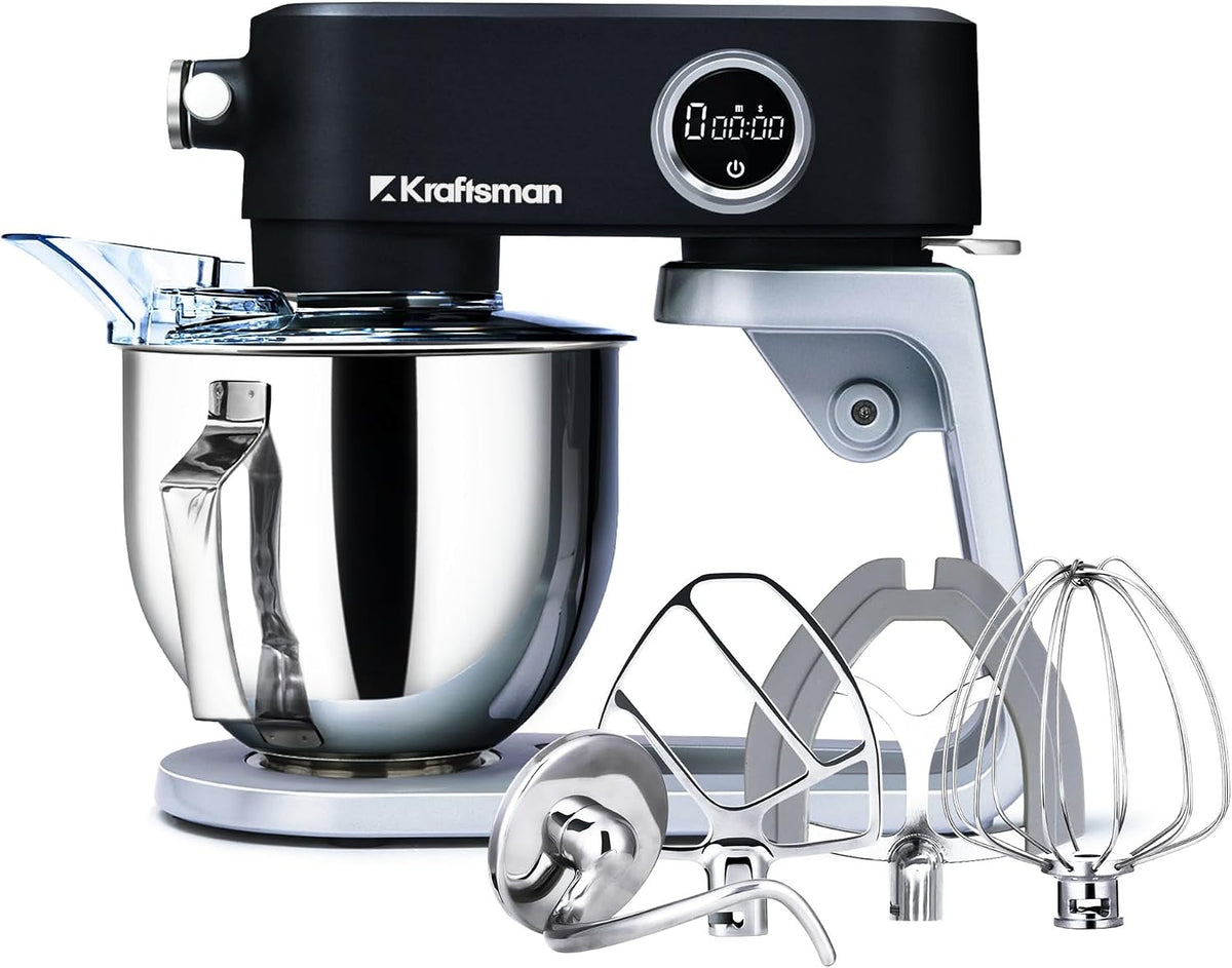 Kraftsman Universalküchenmaschinen, 5 L, Silber/Schwarz, Knetmaschine für Brotteig, Ganzmetallgehäuse, 8 Stufen mit Timer