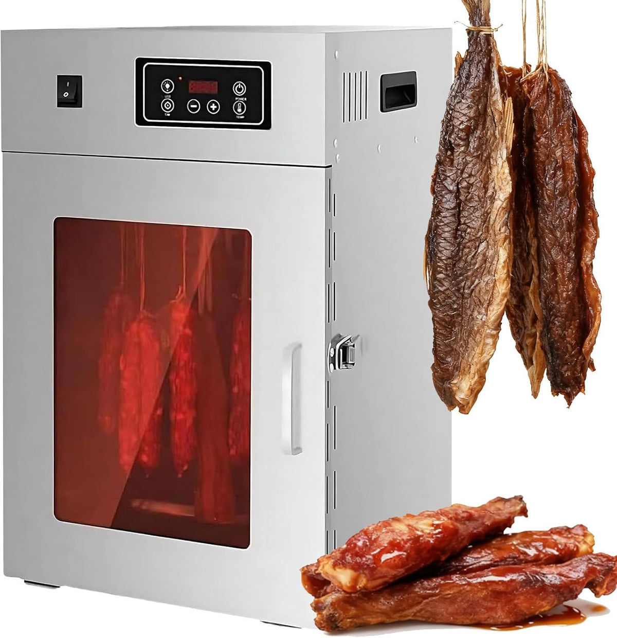 moupeaktain Reifeschrank, 7.5 kg, Silber, Dry Aged, Dörrautomat Aus Edelstahl, Große 14 Aufhängestangen, Temperaturregelung Von 30-90℃