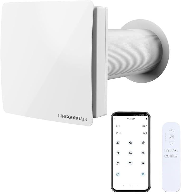 LINGGONGAIR Lüftungsanlage, 125 mm, 60m, Schwarz, Dezentrale mit Wärmerückgewinnung, WiFi Smart App Steuerung, Keramikkern & Vorfilter