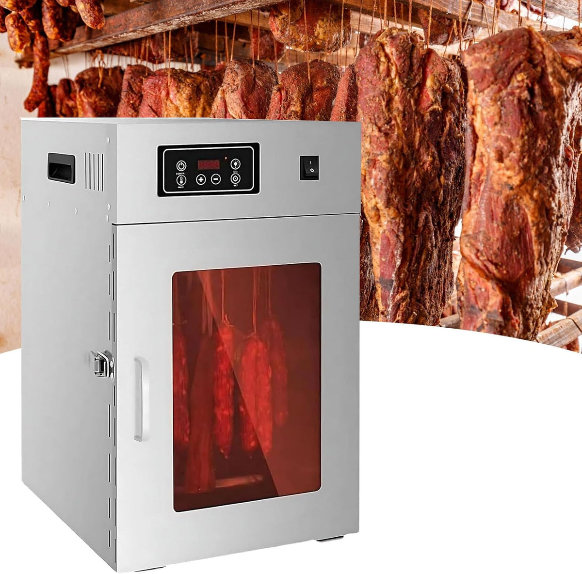 moupeaktain Reifeschrank, 7,5 kg, 800 W, Edelstahl, Silber, Gewerblicher Dörrautomat, Dry Aged aus Edelstahl mit 14 Haken