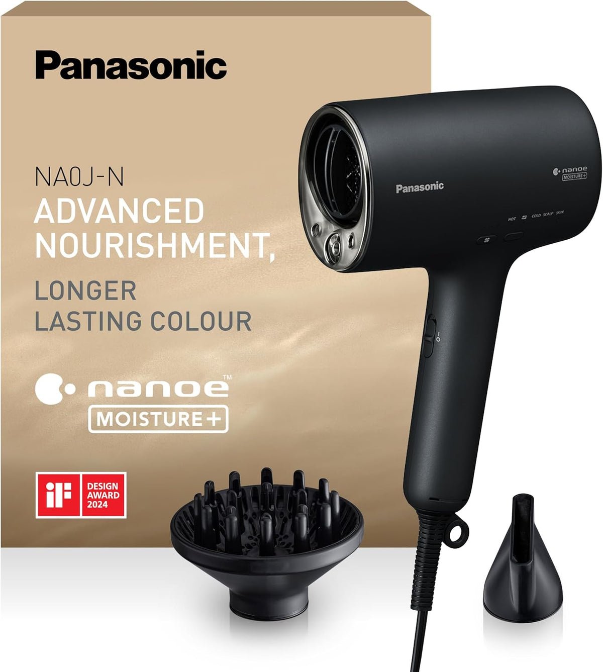 Panasonic Haartrockner, 1600 W, Schwarz, EH-NA0J-N825 nanoe™ MOISTURE+ & Mineral, If Design Award, Diffusor & Konzentratordüse